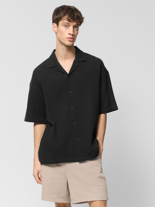 Koszula z krótkim rękawem z bawełnianego muślinu męska  czarna