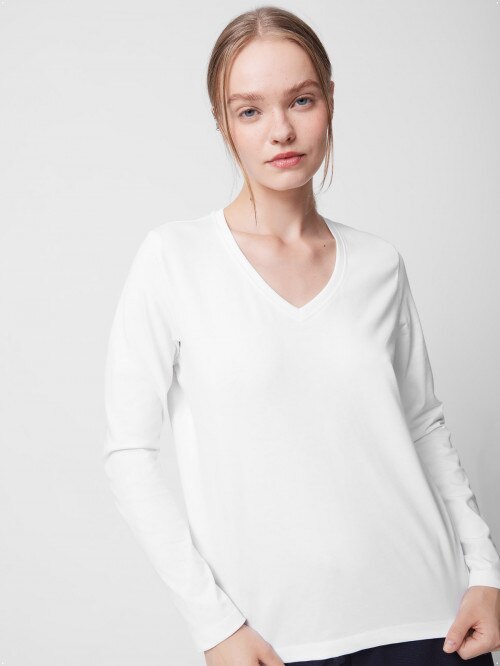 OUTHORN Women's plain vneck longsleeve white