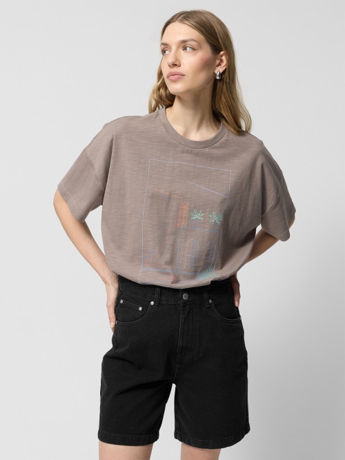 T-shirt oversize z nadrukiem damski - brązowy